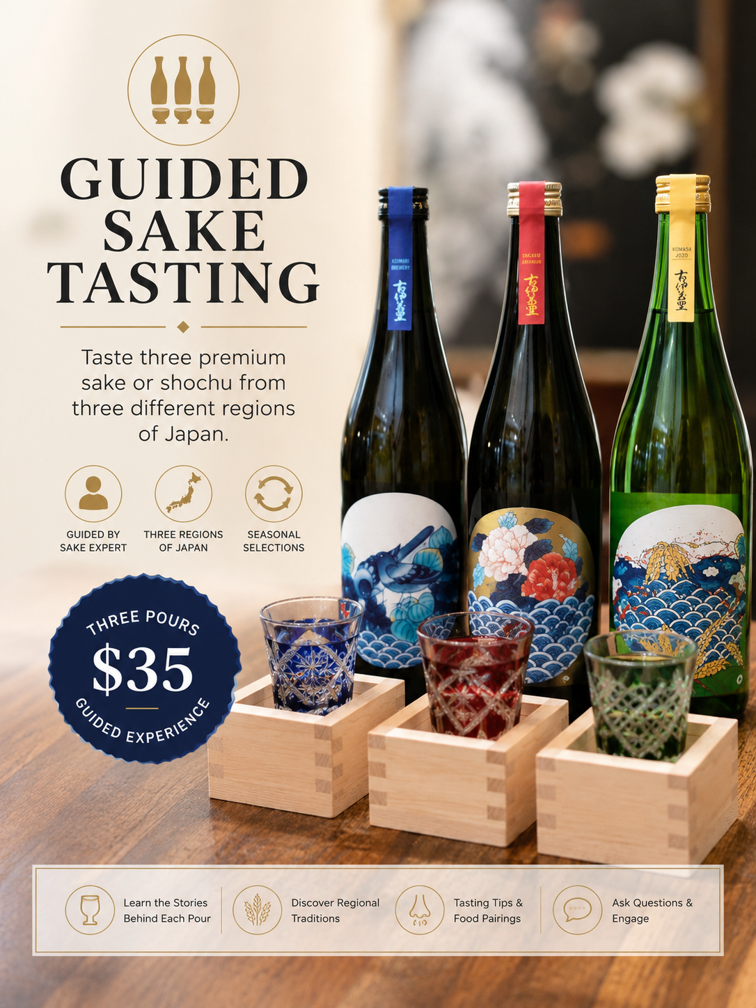 Promotional graphic for a guided sake tasting experience, showing three bottles of Japanese sake in wooden boxes with three patterned sake glasses on a wooden table. Text on the left reads 'GUIDED SAKE TASTING' with pricing and feature icons, and the background is a softly blurred bar or restaurant setting.