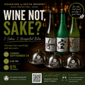 Promotional event poster for Houraisen by Sekiya Brewery, featuring three Japanese sake bottles, three silver food servers labeled 'SPOILER ALERT,' and event details for Thursday September 24 at 6:00 PM for $75 per person.