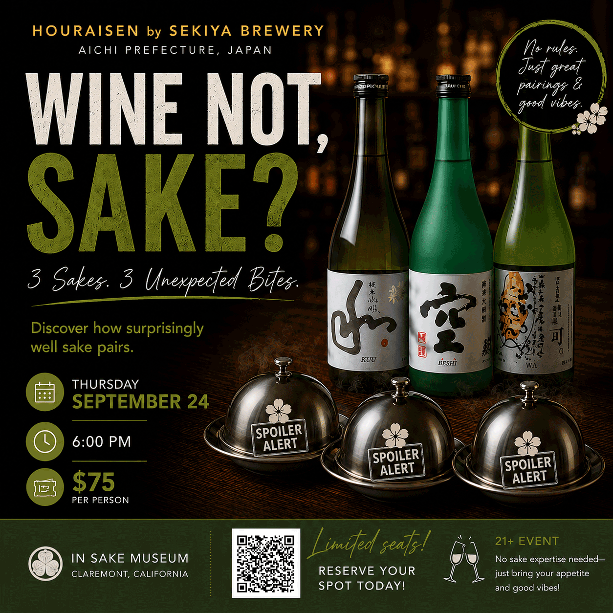 Promotional event poster for Houraisen by Sekiya Brewery, featuring three Japanese sake bottles, three silver food servers labeled 'SPOILER ALERT,' and event details for Thursday September 24 at 6:00 PM for $75 per person.