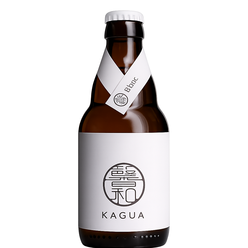 A bottle of KAGUA Blanc beer in an amber glass bottle with a white label and white cap, shown on a plain white background.