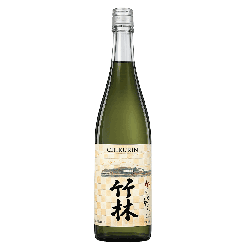 A bottle of Chikurin Japanese sake (shuchun) with a cream-colored label featuring black kanji characters and a small illustration, set against a plain white background.