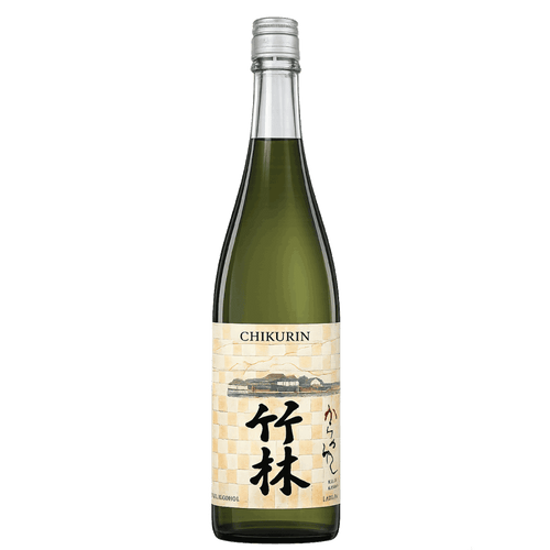 A bottle of Chikurin Japanese sake (shuchun) with a cream-colored label featuring black kanji characters and a small illustration, set against a plain white background.