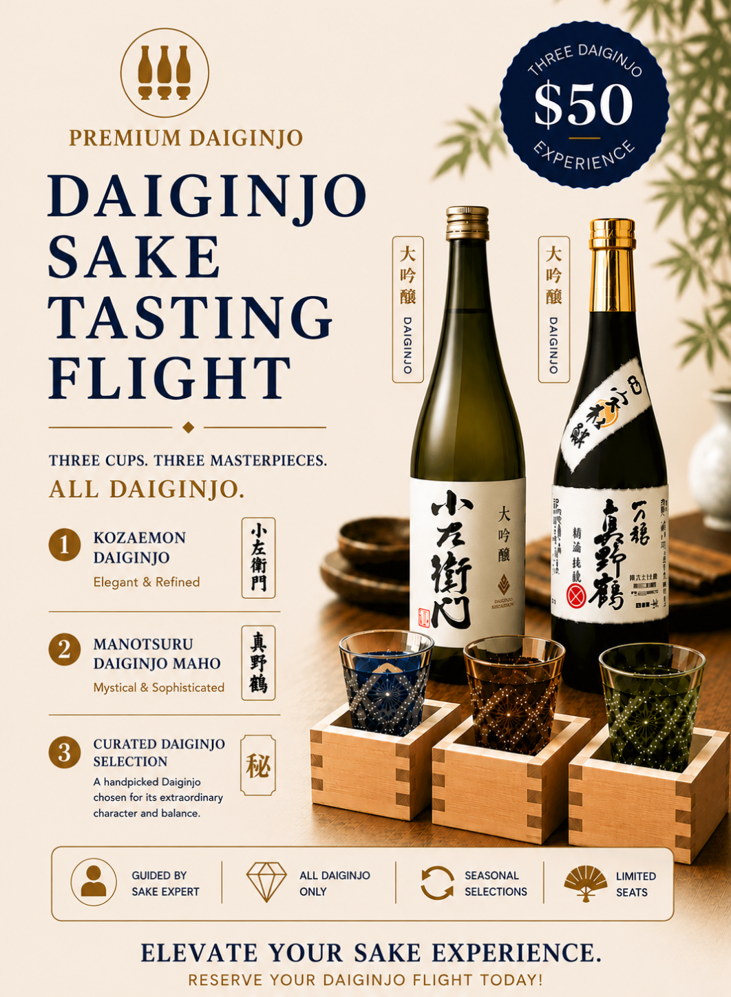 Promotional graphic for a premium Daiginjo sake tasting flight, featuring two bottles of Japanese sake and three small glasses on a wooden tray, with text describing curated selections and pricing.