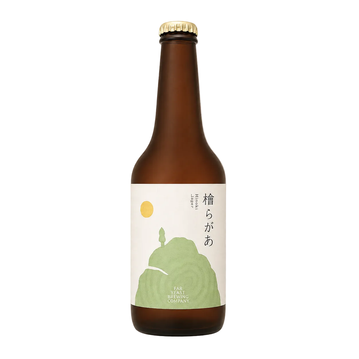 A brown glass bottle of sake with a white label featuring a green mountain illustration and Japanese text, topped with a gold cap, shown on a checkered gray background.