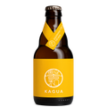 A bottle of Kagua Non-Alcoholic Cider with a bright yellow label and a matching yellow neck ribbon, set against a plain white background.