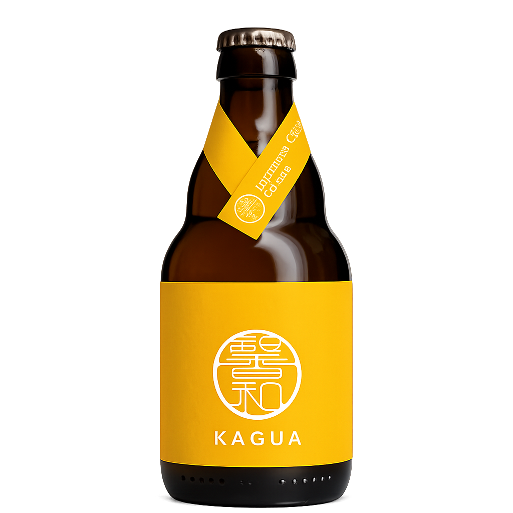 A bottle of Kagua Non-Alcoholic Cider with a bright yellow label and a matching yellow neck ribbon, set against a plain white background.