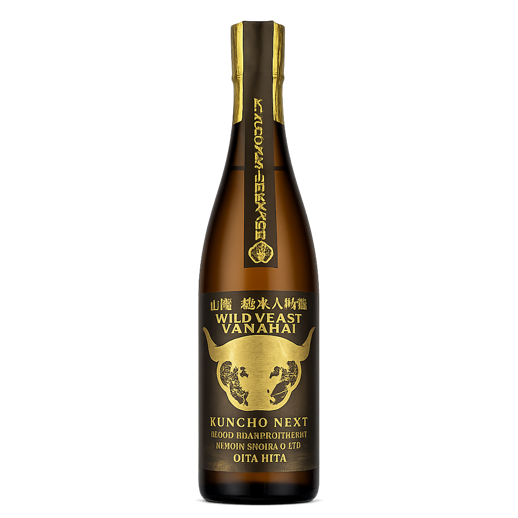 A bottle of Japanese sake, Kuncho Next by Wildveast Vanahai, featuring a dark amber glass bottle with a black and gold label and neck seal, centered on a white background.