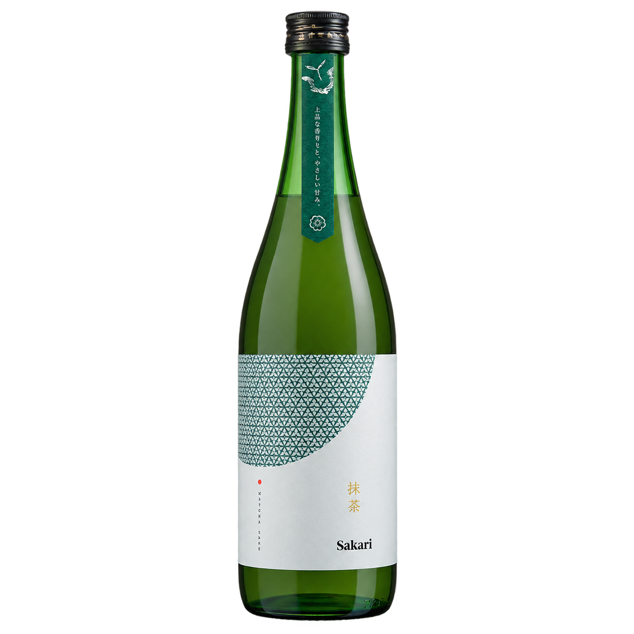 A bottle of Sakari matcha tea sake on a solid white background. The bottle is dark green glass with a white label featuring a green geometric pattern and gold Japanese characters.