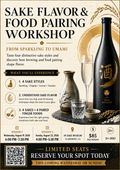Promotional flyer for a 'Sake Flavor & Food Pairing Workshop' at the Inaki Museum, featuring illustrations of a sake bottle, a glass of sake, a ceramic vessel, and a small glass, with event details and QR code.