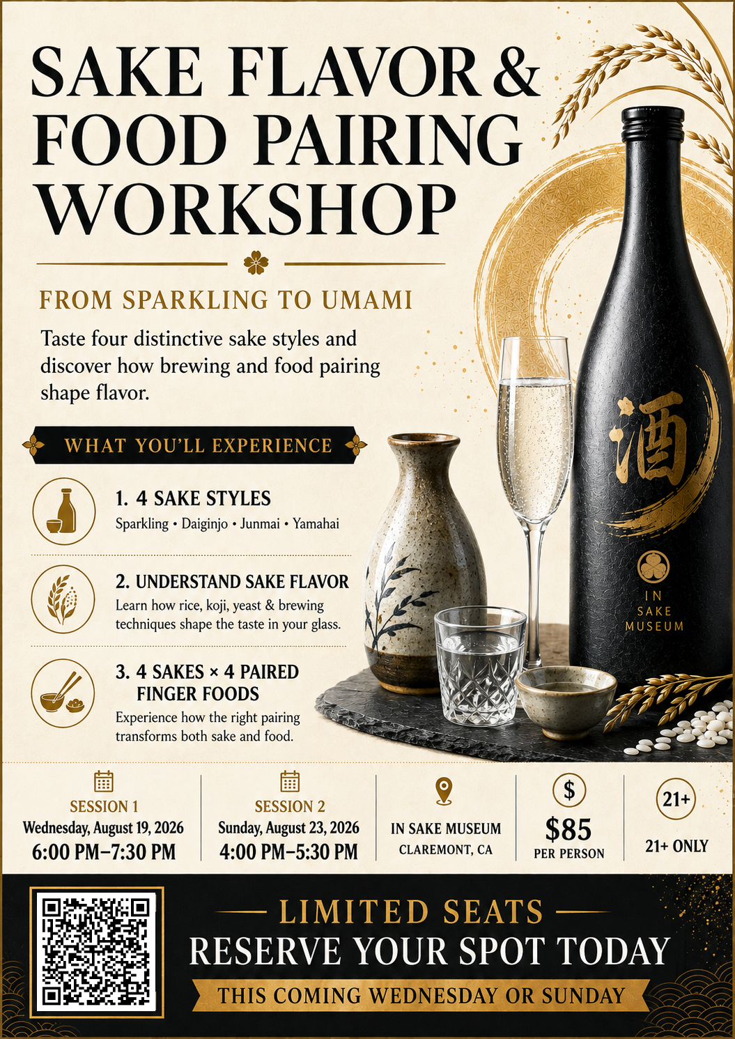 Promotional flyer for a 'Sake Flavor & Food Pairing Workshop' at the Inaki Museum, featuring illustrations of a sake bottle, a glass of sake, a ceramic vessel, and a small glass, with event details and QR code.