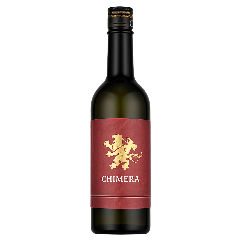 A dark glass bottle of Chimera non-alcoholic wine with a deep red label featuring a gold lion logo and white text, set against a plain white background.