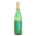 A green glass bottle of Souden sake with a light wood-toned neck wrap and a green label featuring Japanese characters and a teal geometric emblem, isolated on a white background.