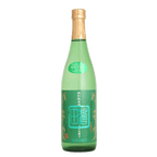 A green glass bottle of Souden sake with a light wood-toned neck wrap and a green label featuring Japanese characters and a teal geometric emblem, isolated on a white background.