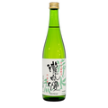 A green glass bottle of Japanese sake with a gold cap and a white label featuring black and green calligraphy, photographed on a plain white background.