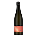A dark glass bottle of sake with a black cap and a coral-pink label featuring blue text, shown against a plain white background.