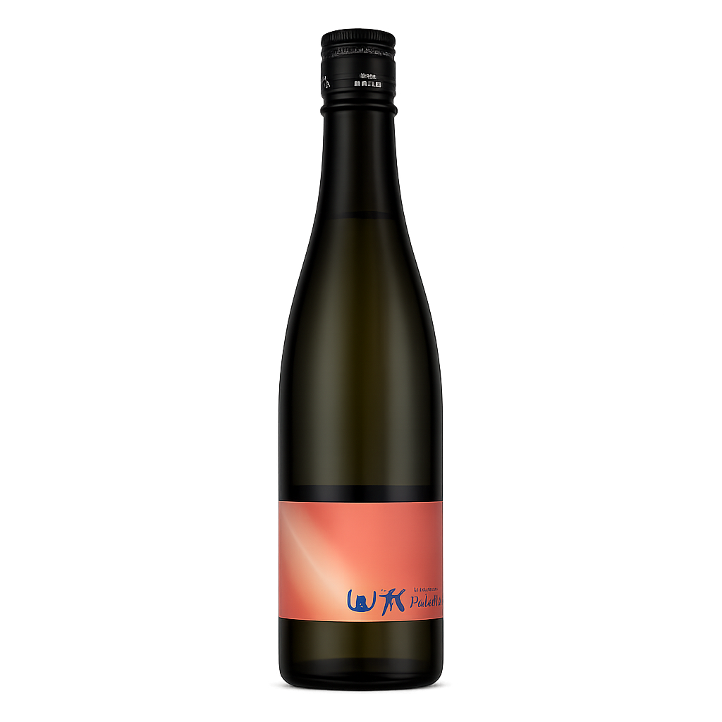 A dark glass bottle of sake with a black cap and a coral-pink label featuring blue text, shown against a plain white background.